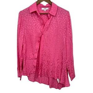 Koche Bright Pink Leopard‎ Print Asymmetrical Button Front Blouse Career Vibrant
